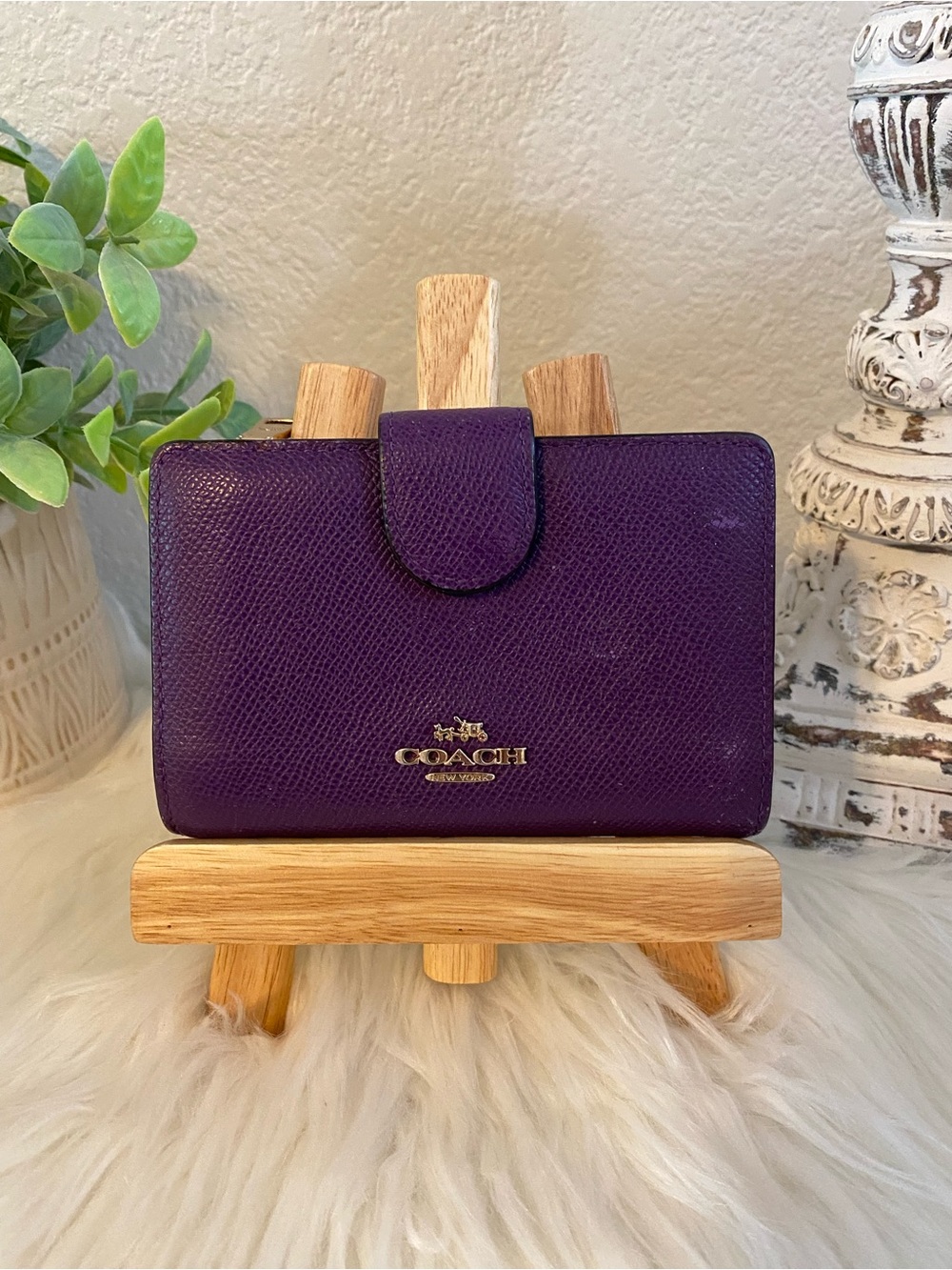 Coach Eggplant Purple Leather Snap-Closure Wallet with Gold Logo